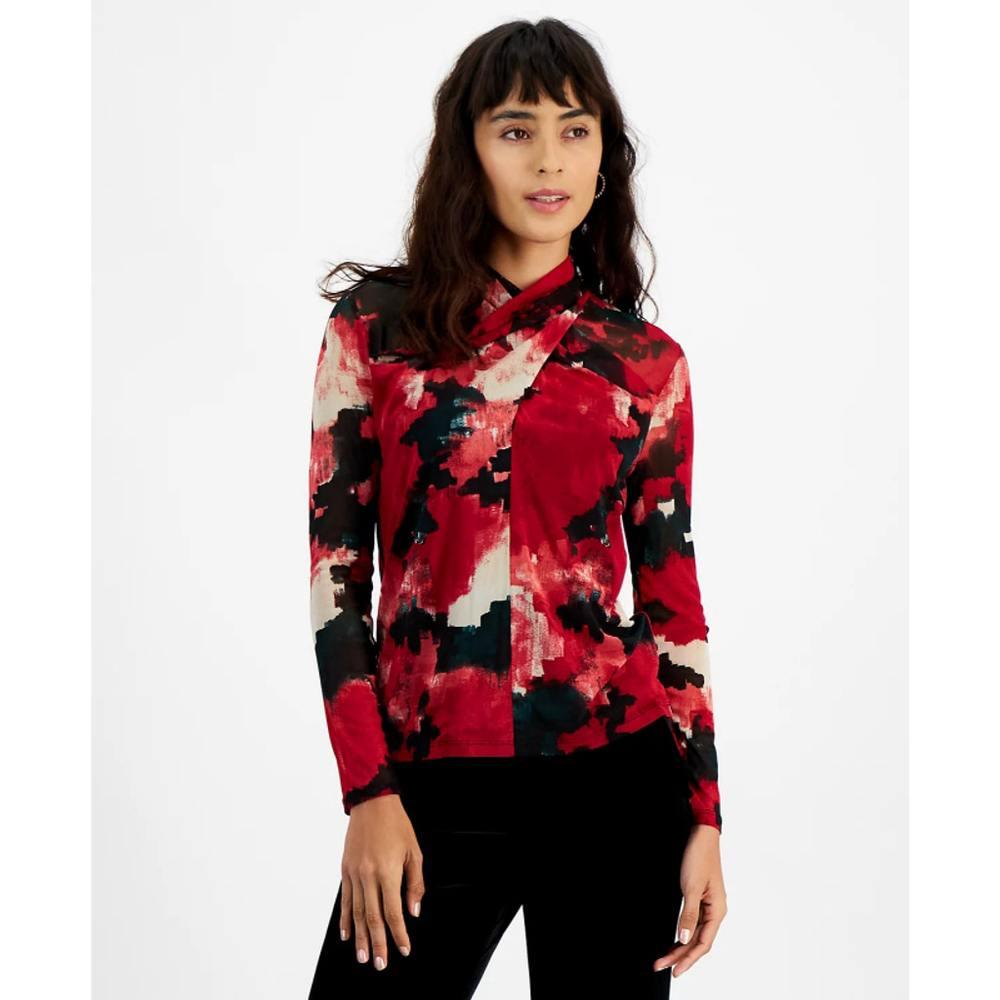 Bar III Women's Small Red Printed Twisted Mock Neck Long-Sleeve Mesh Top NWT